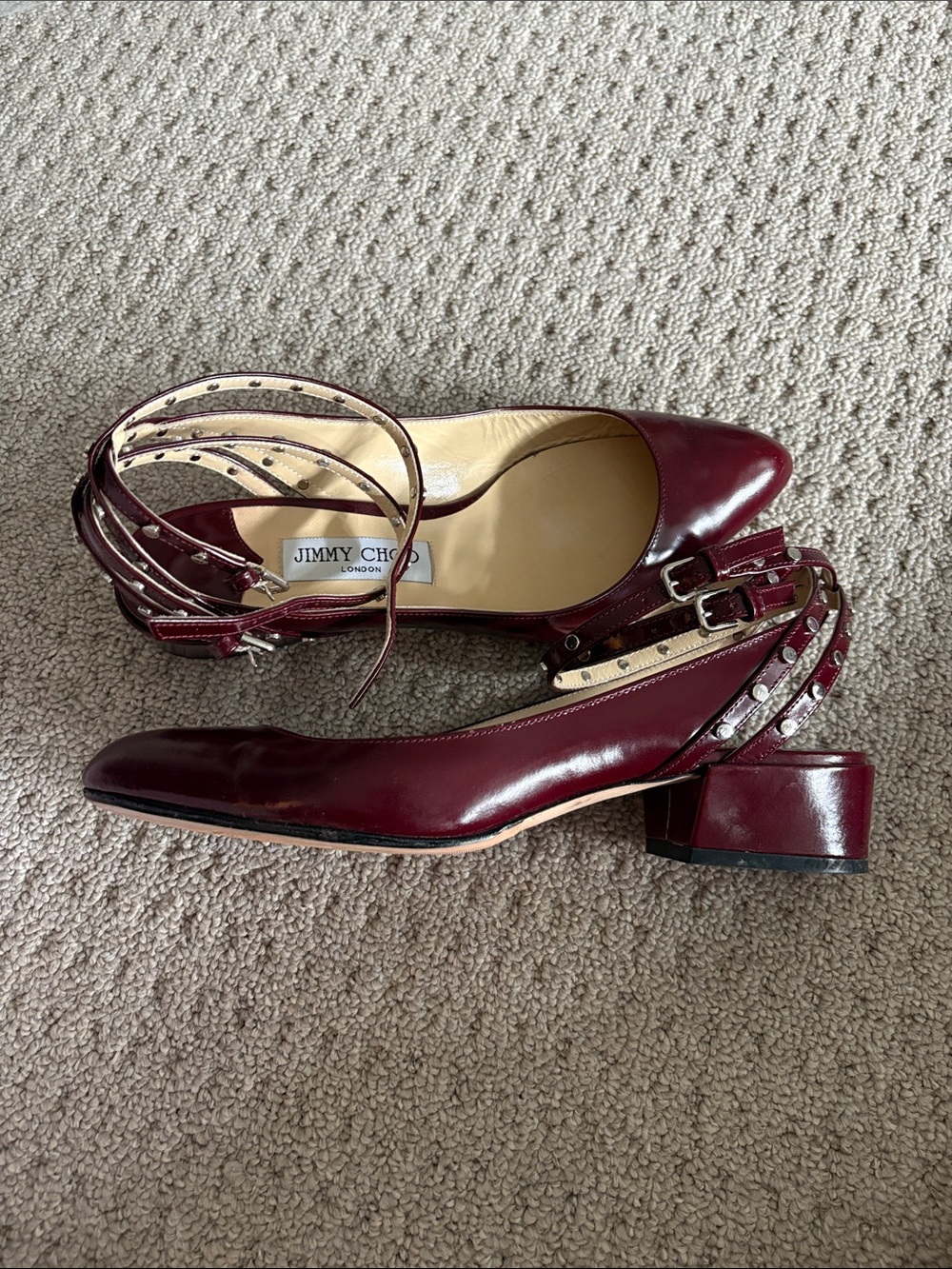 Jimmy Choo Wine Leather Ankle-Strap Block Heels